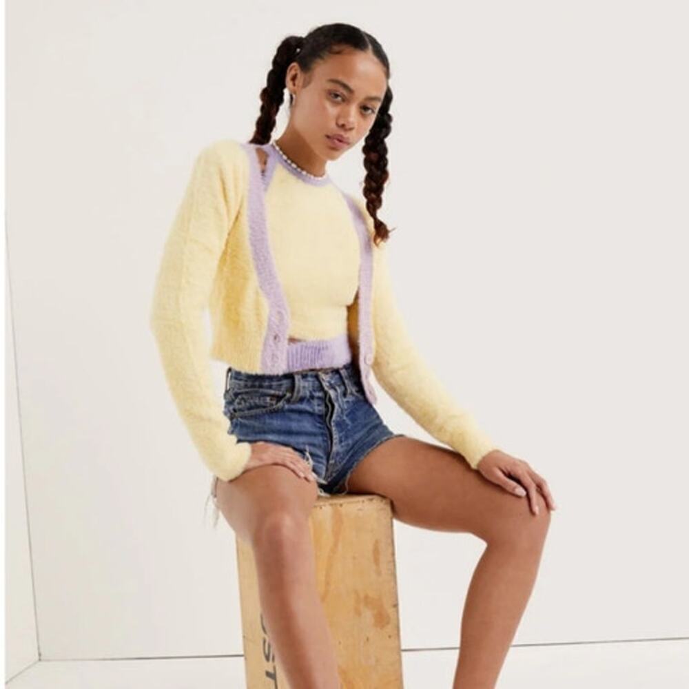 NWT For Love and Lemons Shelia and Maureen Cropped Sweater Yellow Purple Set S - Picture 3 of 14